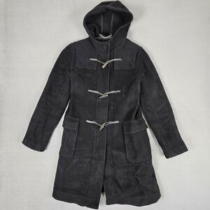 Burberry London Duffle Coat Womens Large 100% Wool Black Hooded Jacket England